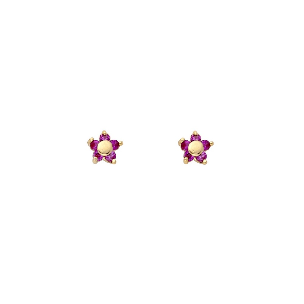 14k Yellow Gold Flower Stud Red CZ Baby Earrings with Screw Back for Baby Girl